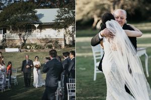 Outdoor wedding ceremony on green lawn with guests seated, bride walking the aisle toward a white country estate venue.
