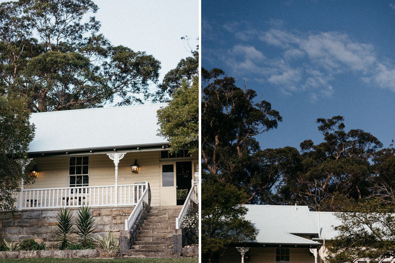 Charming white country cottage surrounded by eucalyptus trees photographed in daylight and dusk.