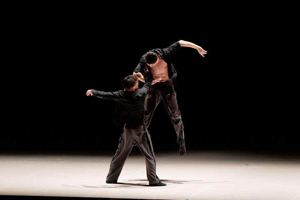 Two contemporary dancers perform an expressive duet on a dramatic spotlight-lit stage, dressed in black costumes.