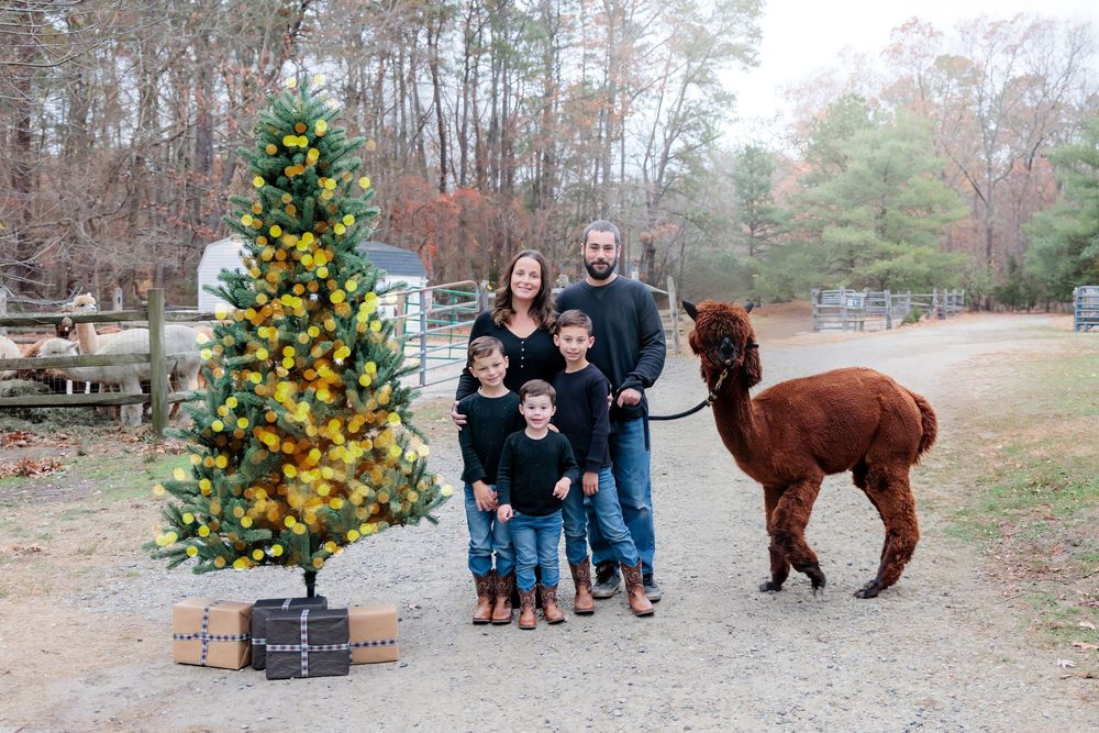 Family of five poses with a brown alpaca beside a decorated Christmas tree on a farm.