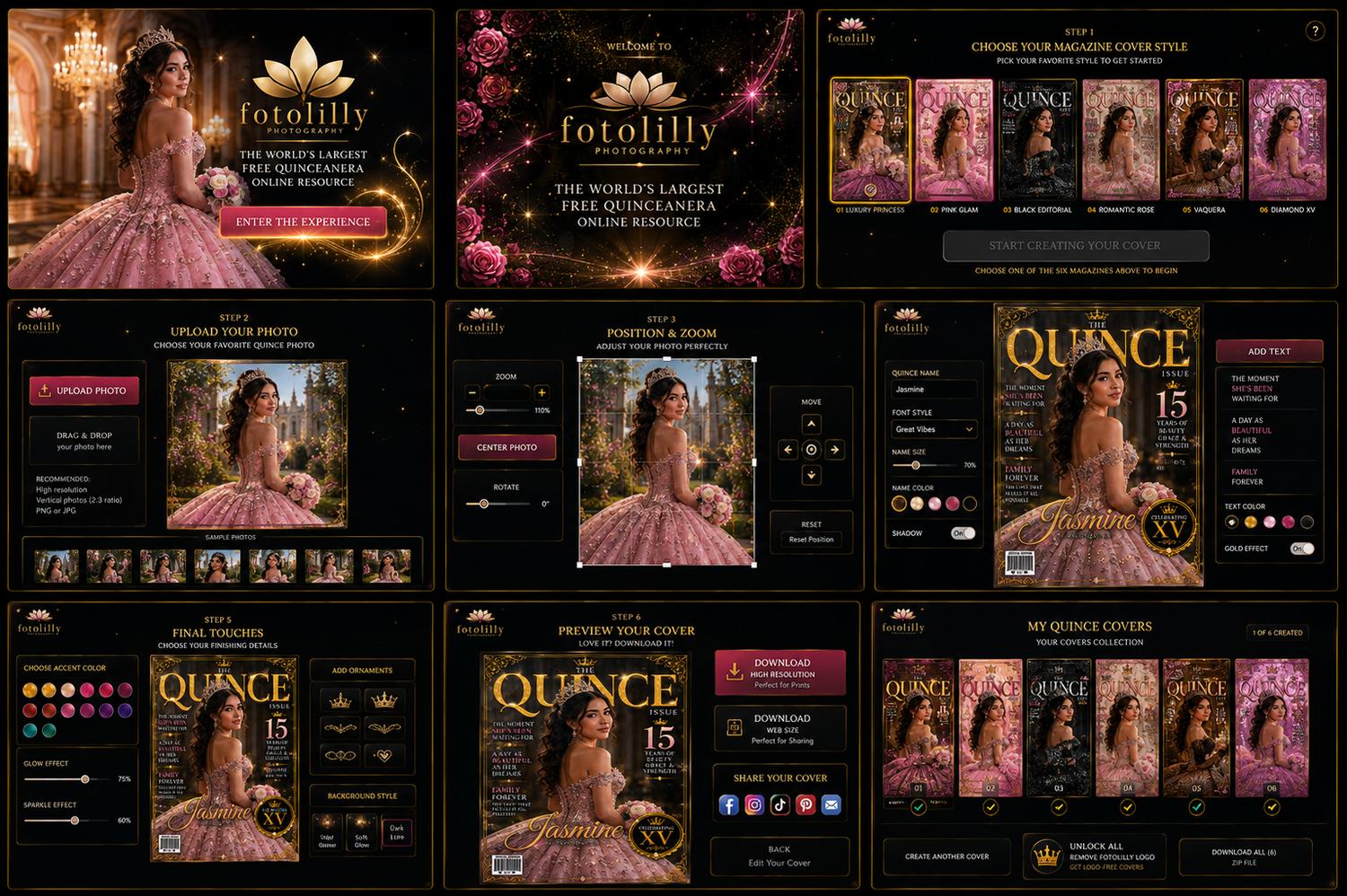 FREE Quinceañera photo tool by Fotolilly turns photoshoot pictures, portraits and poses into personalized XV magazine cover designs FREE