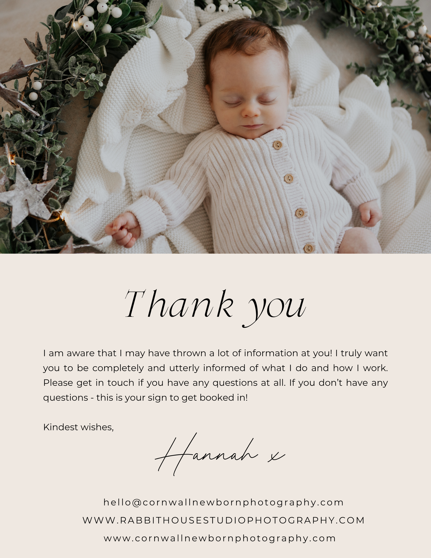 A sleeping newborn baby in a white knit romper on a soft blanket, with a thank you note from Cornwall Newborn Photography.