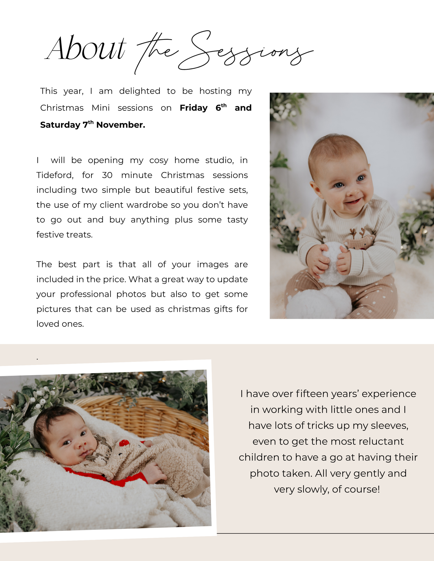 A smiling baby in a festive white outfit poses for a Christmas mini photography session in a cozy studio setting in Cornwall