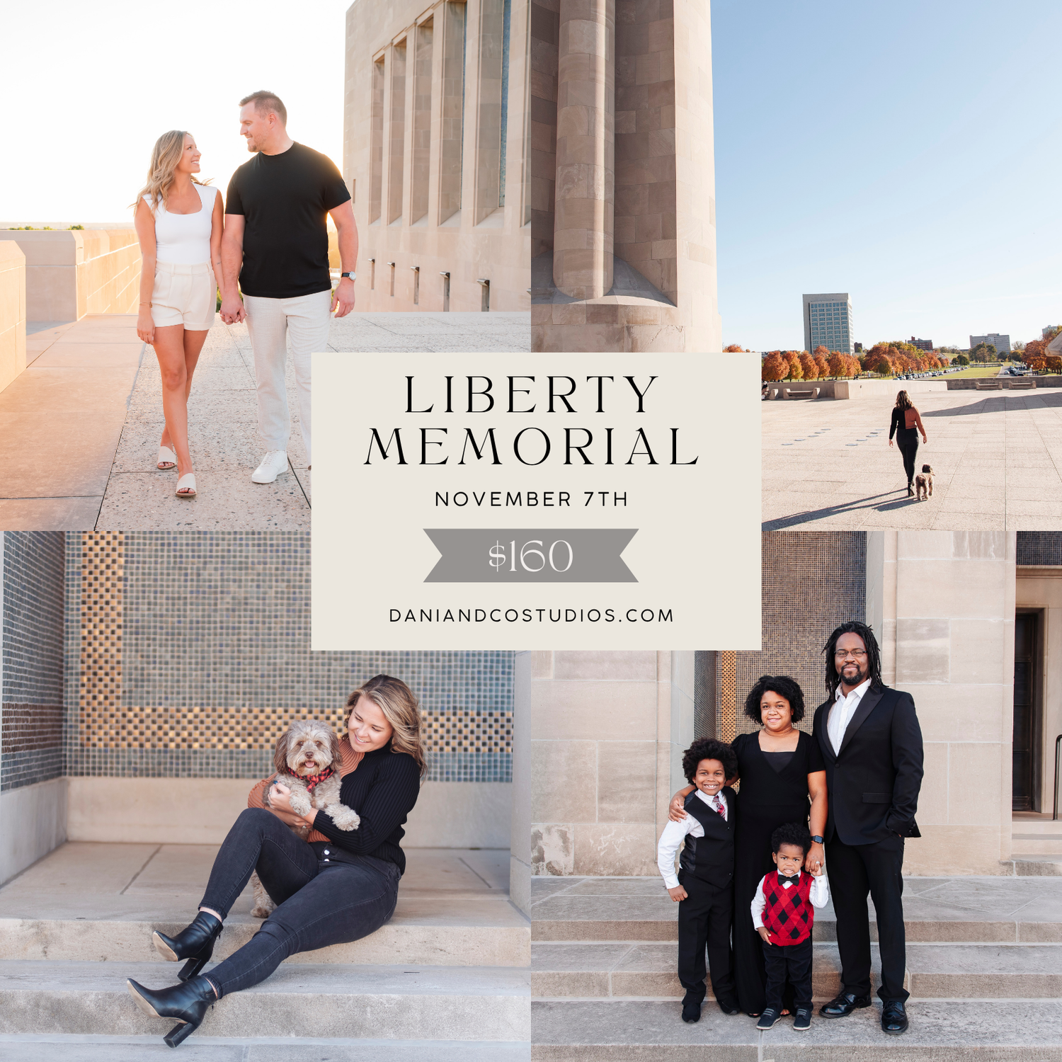 Couples and family portrait sessions at Liberty Memorial on November 7th, offered by Dani and Co Studios for $160.
