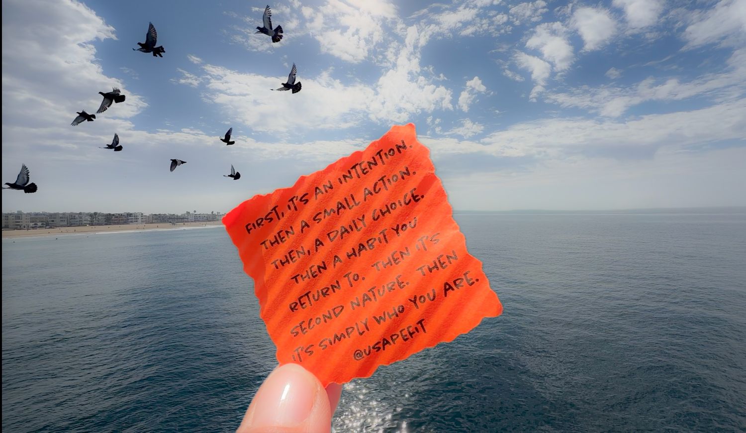 Hand holding orange note with birds flying over ocean under blue sky.