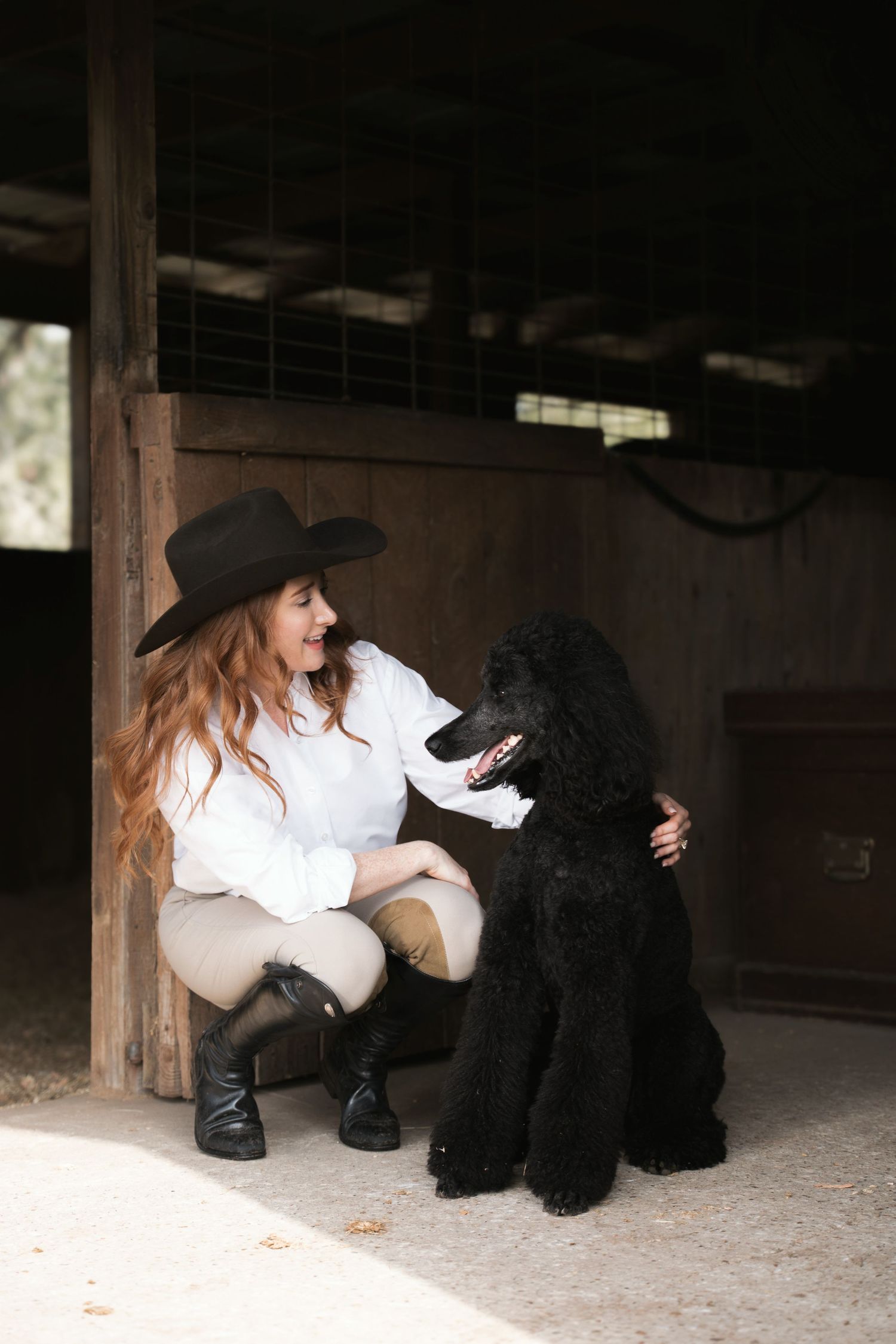 Woman in cowboy hat and riding boots crouching beside a black standard poodle inside a rustic barn.