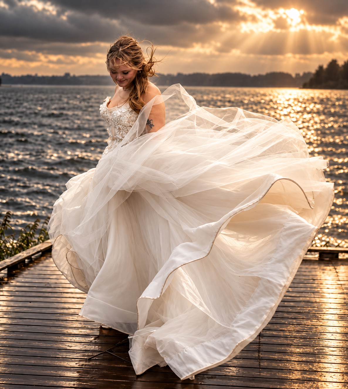 Bride twirling in flowing white wedding gown on a dock at sunset over a shimmering lake.