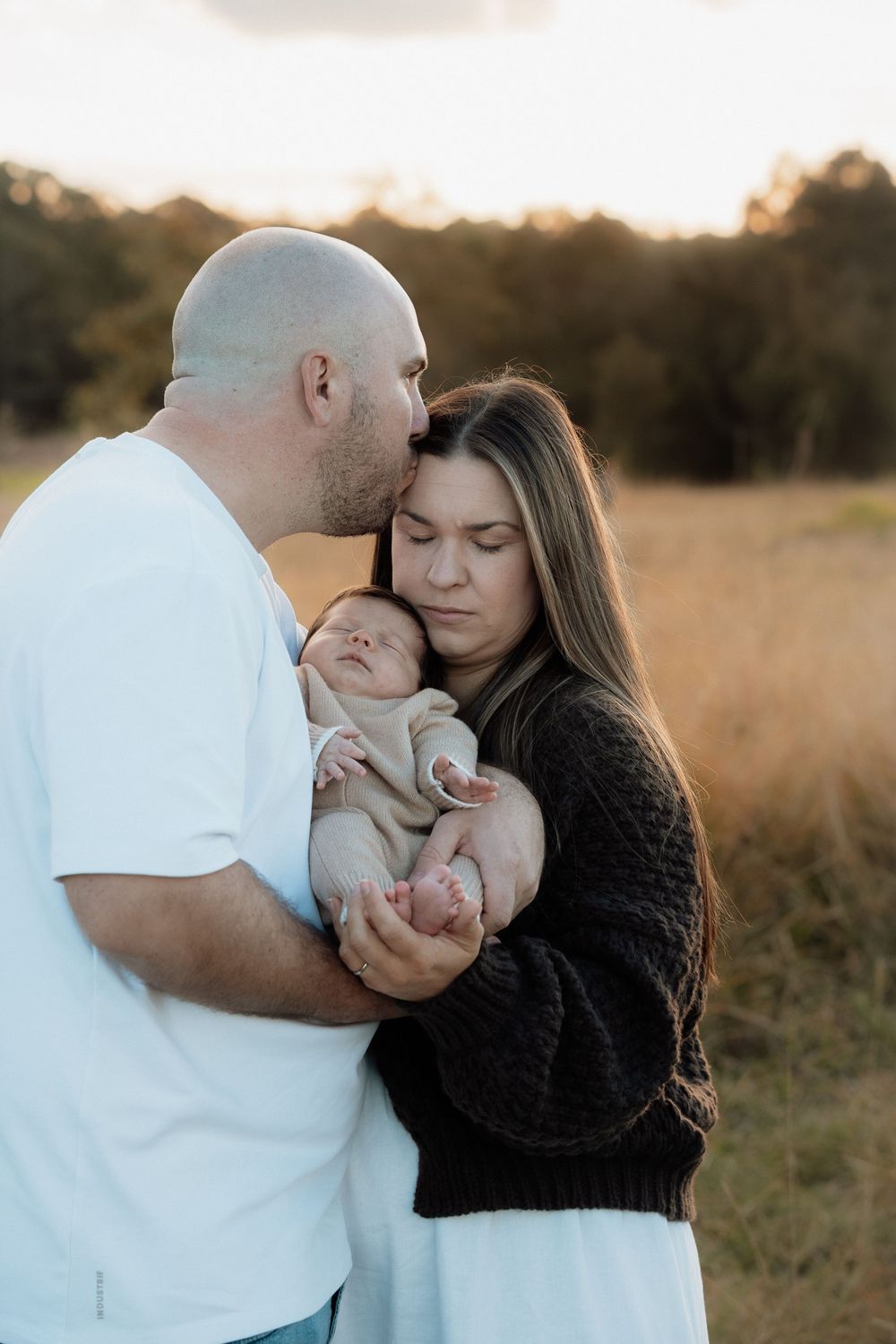 A couple tenderly holds their newborn baby outdoors in a golden field at sunset, father kissing mother's head.