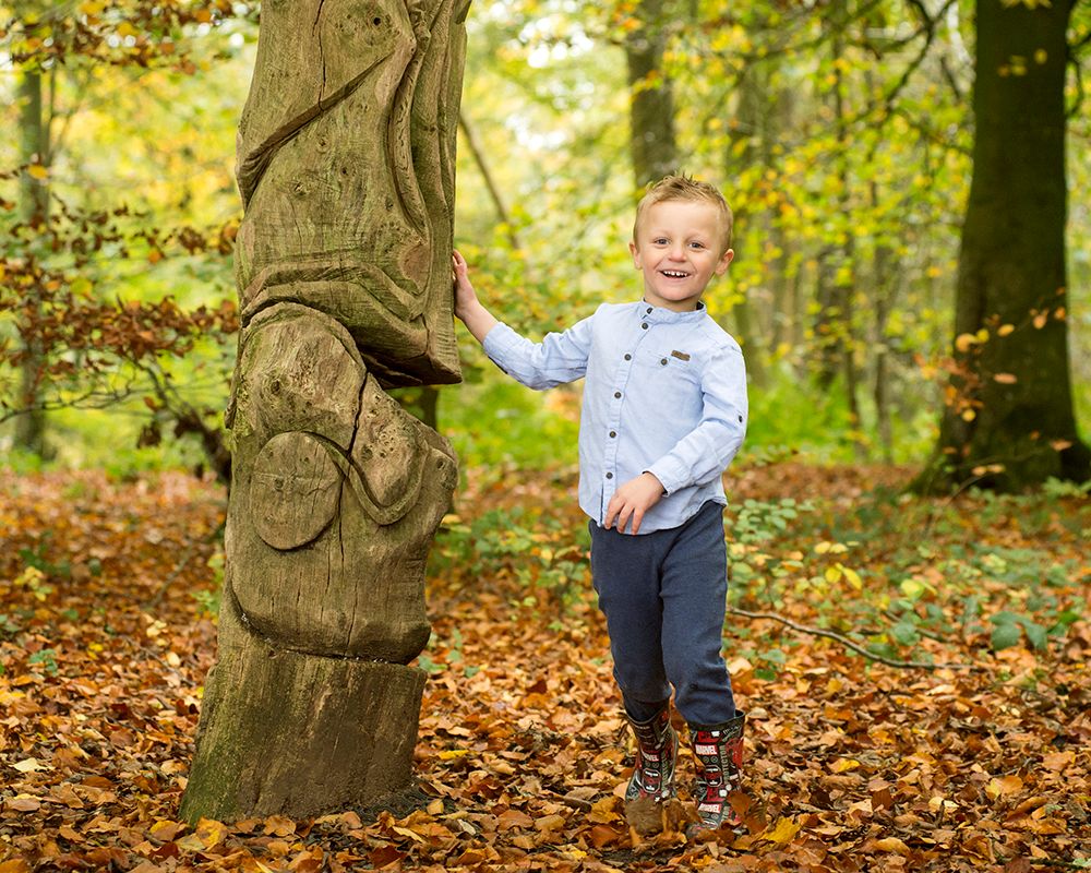 A smiling young boy in a light blue shirt stands beside a carved woodland tree, touching its trunk amid golden autumn leaves on the forest f