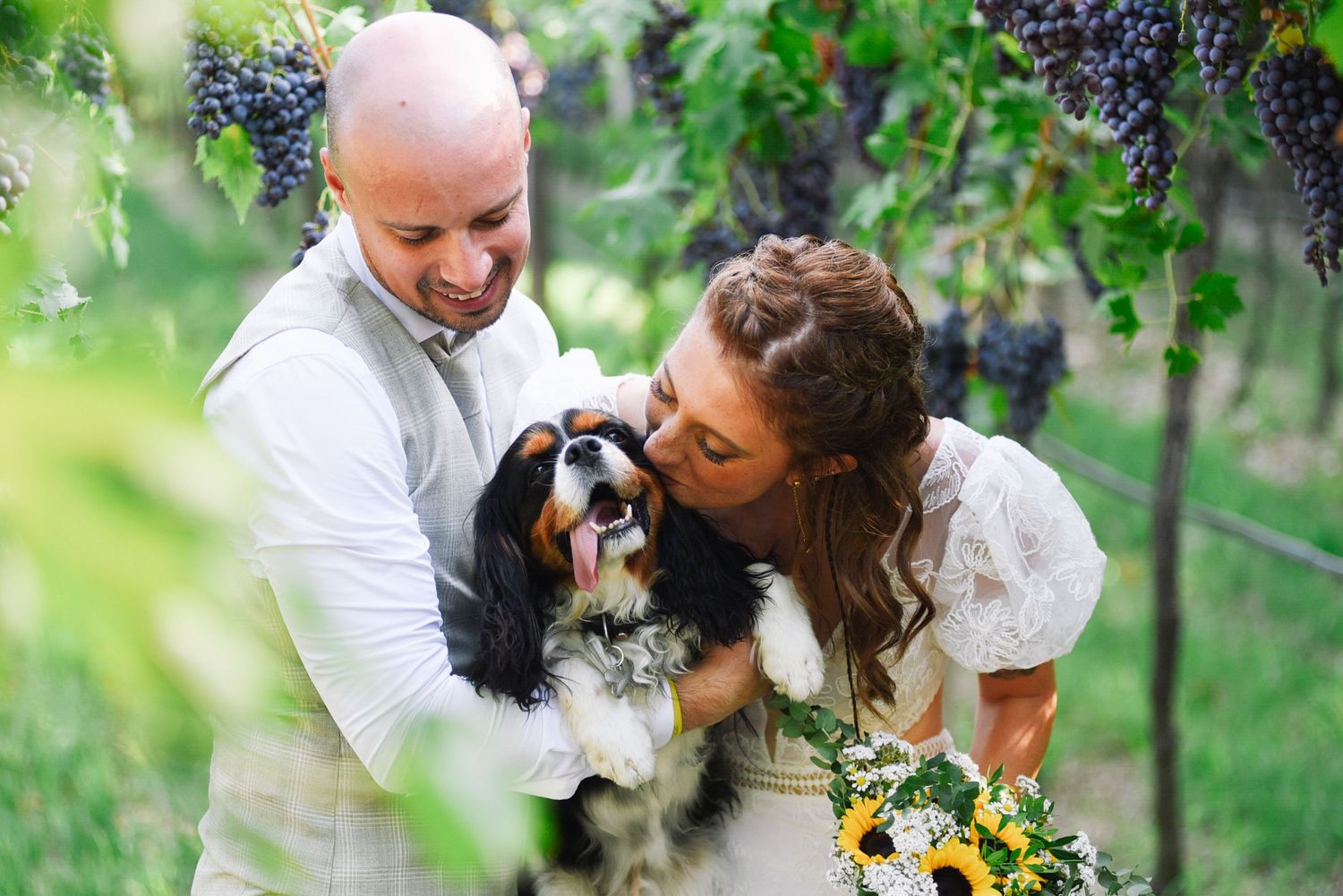 Sposi con il loro cane durante il servizio fotografico di matrimonio