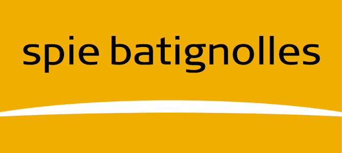 Spie Batignolles company logo featuring bold black text on a vibrant orange background with a white curved swoosh design.