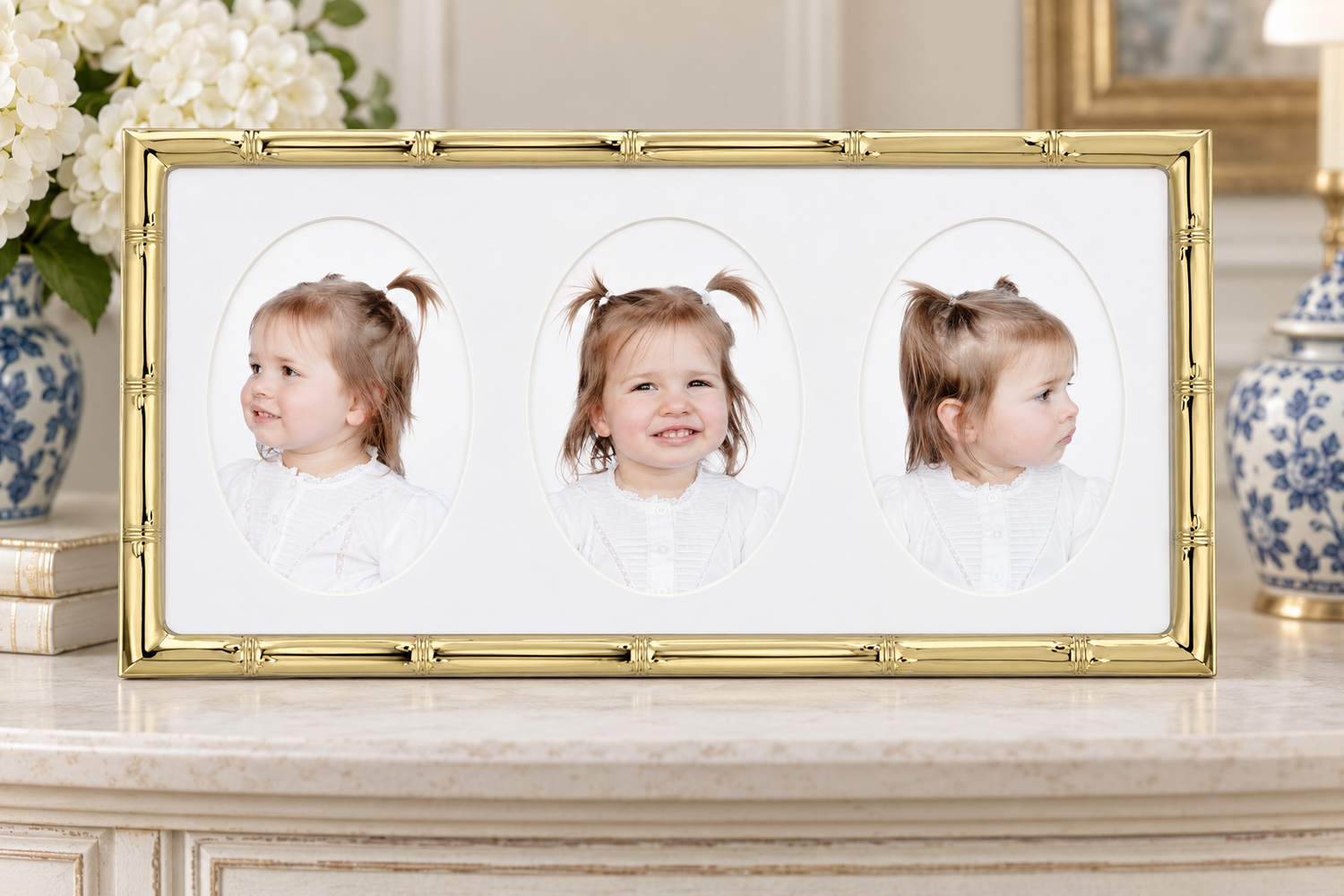 Gold-framed triptych photo frame displaying three portraits of a smiling toddler girl on a marble mantle.