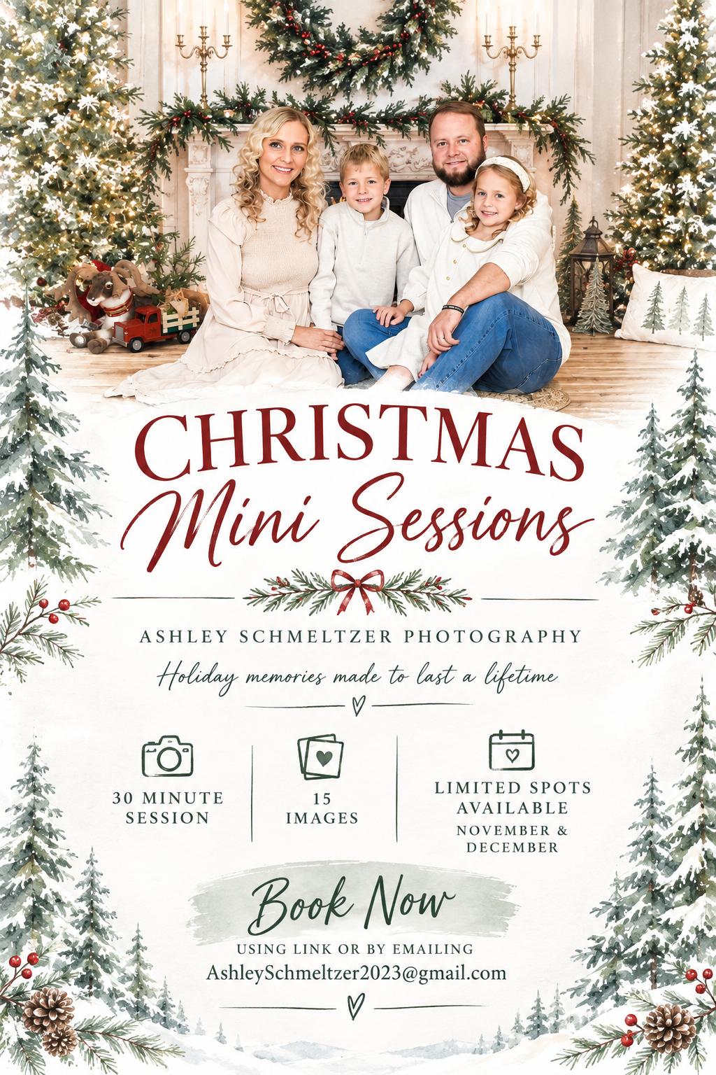 Fall photo shoot advertisement showing autumn-themed photography packages and pricing set against warm brown backgrounds.