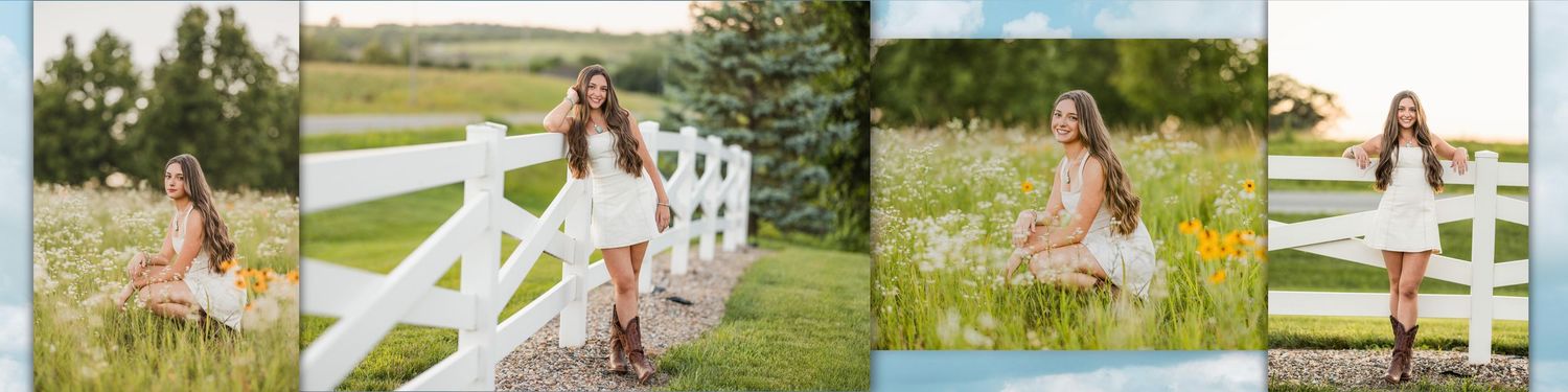 A young woman in a white dress and cowboy boots poses near a white fence in a sunny wildflower field.