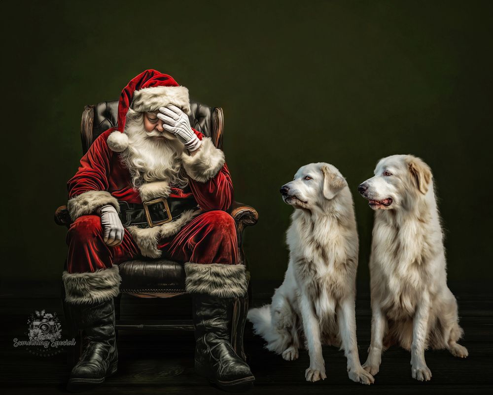 A series of holiday photos showing white dogs posing with Santa in a traditional Christmas setting.