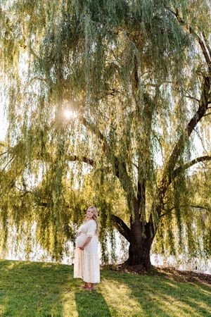 Sunlight streams through drooping willow tree branches on a grassy hill as a figure in white stands beneath.