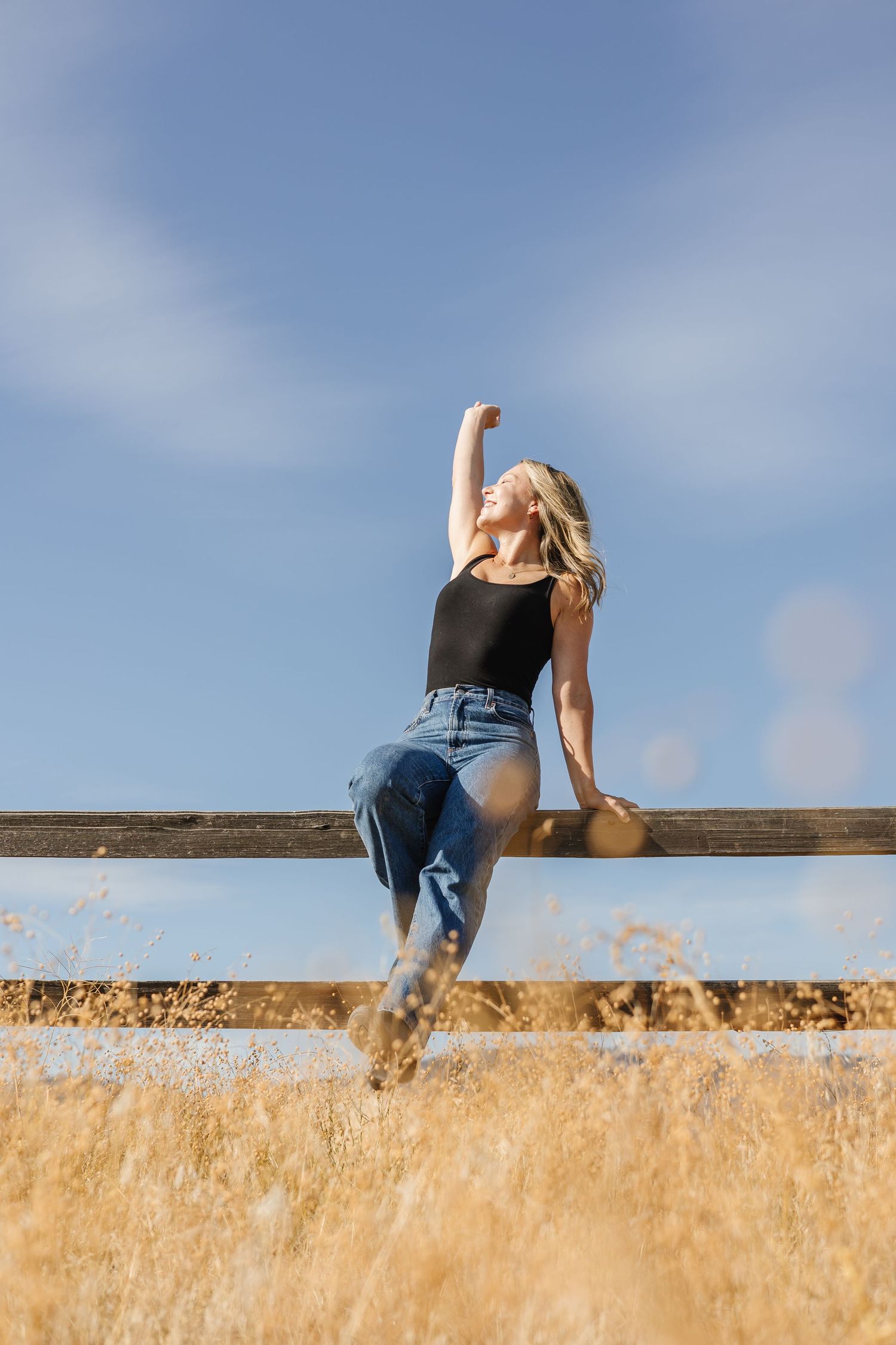 A sequence showing someone climbing over a wooden fence in a golden wheat field against a blue sky.