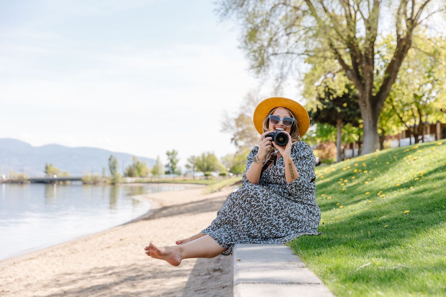 A series of photos showing someone relaxing and enjoying scenic views by a lake on a sunny summer day.