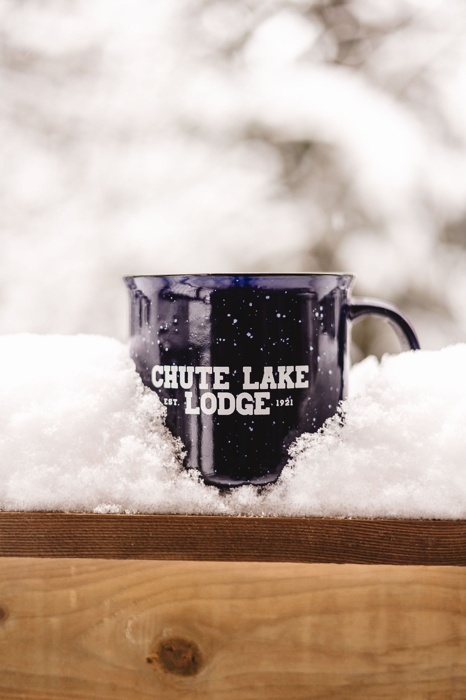 Two mugs labeled Chute Lake Lodge sitting on wooden surface covered in snow.