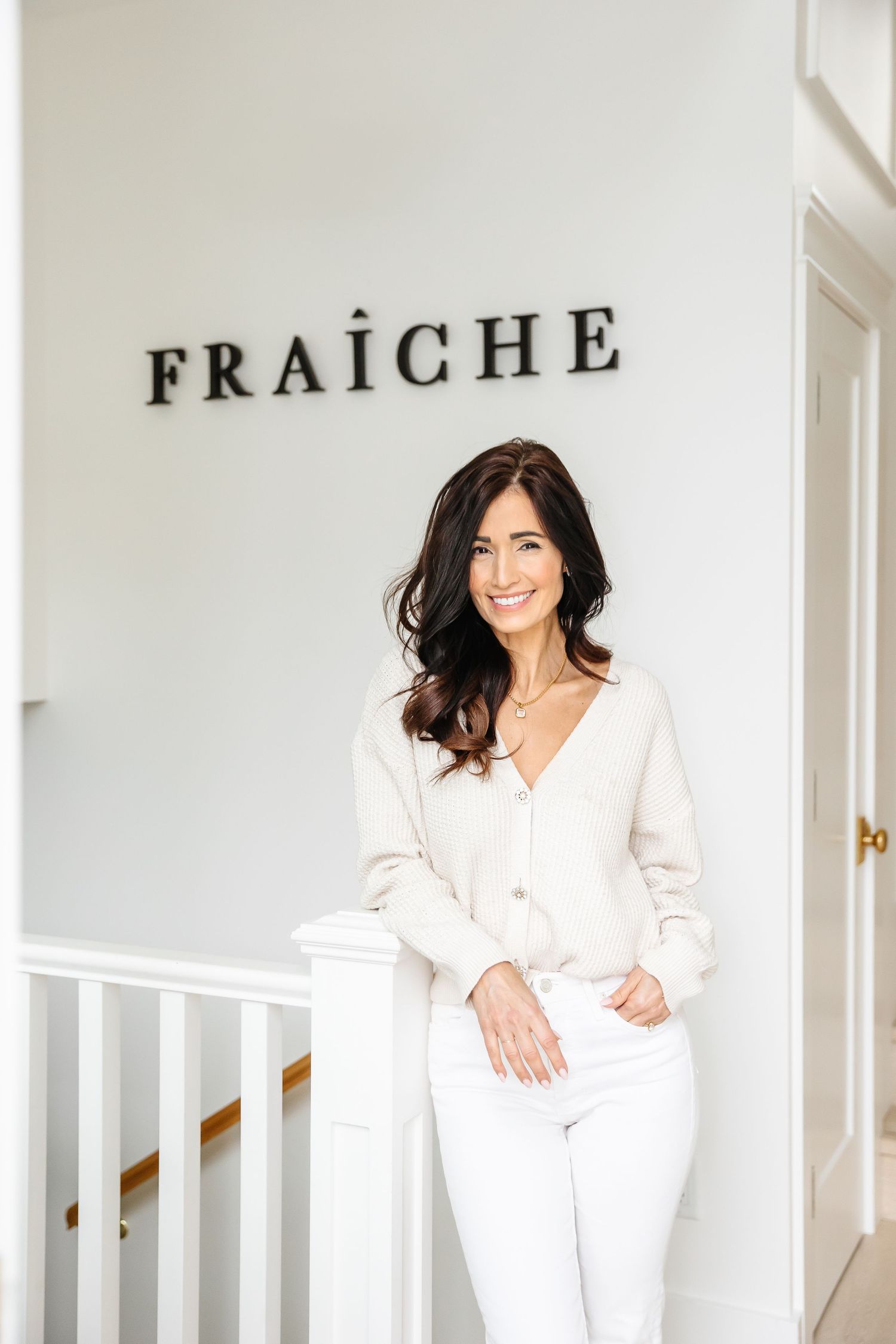 Series of lifestyle photos showing person in white outfit against light wall with text.