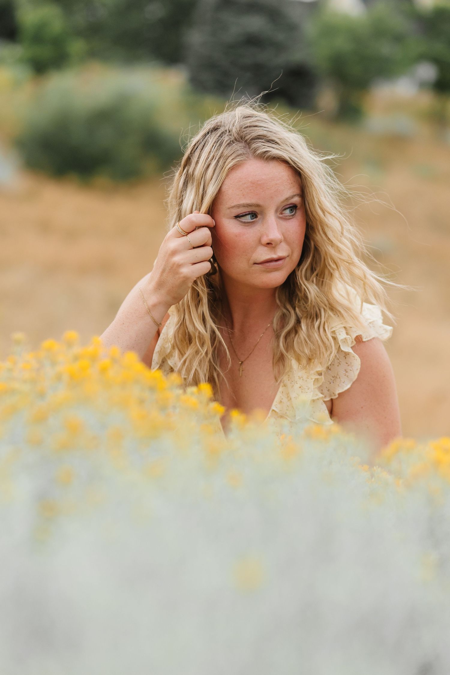 Series of dreamy close-up shots in a meadow with yellow flowers and natural lighting.