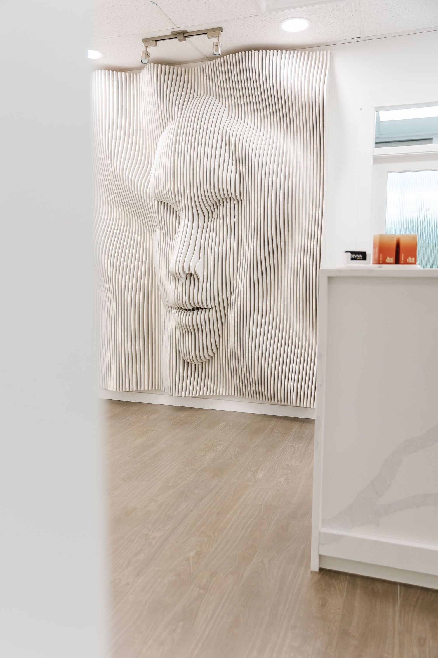 A series of white sculptural wall panels create an optical illusion of faces emerging from parallel vertical lines.