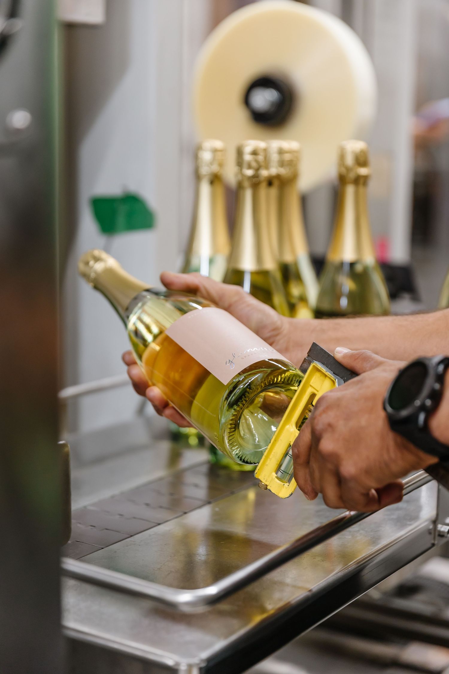Hands handling gold champagne bottles on stainless steel counter in production facility.