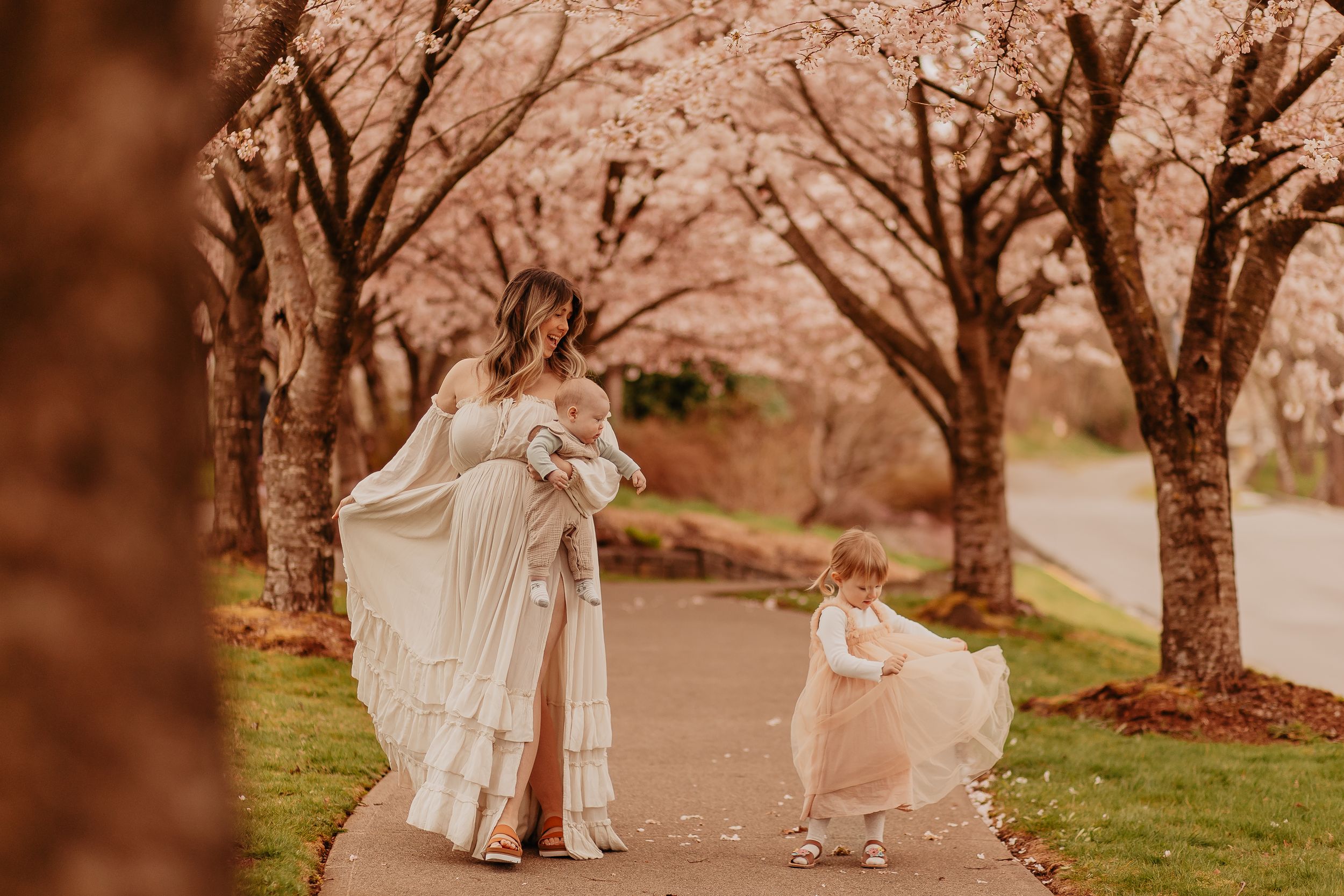 Romantic couple walking through cherry blossom trees in springtime.