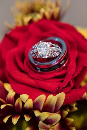 A sparkling diamond engagement ring nestled in the petals of a vibrant red rose with yellow accents.