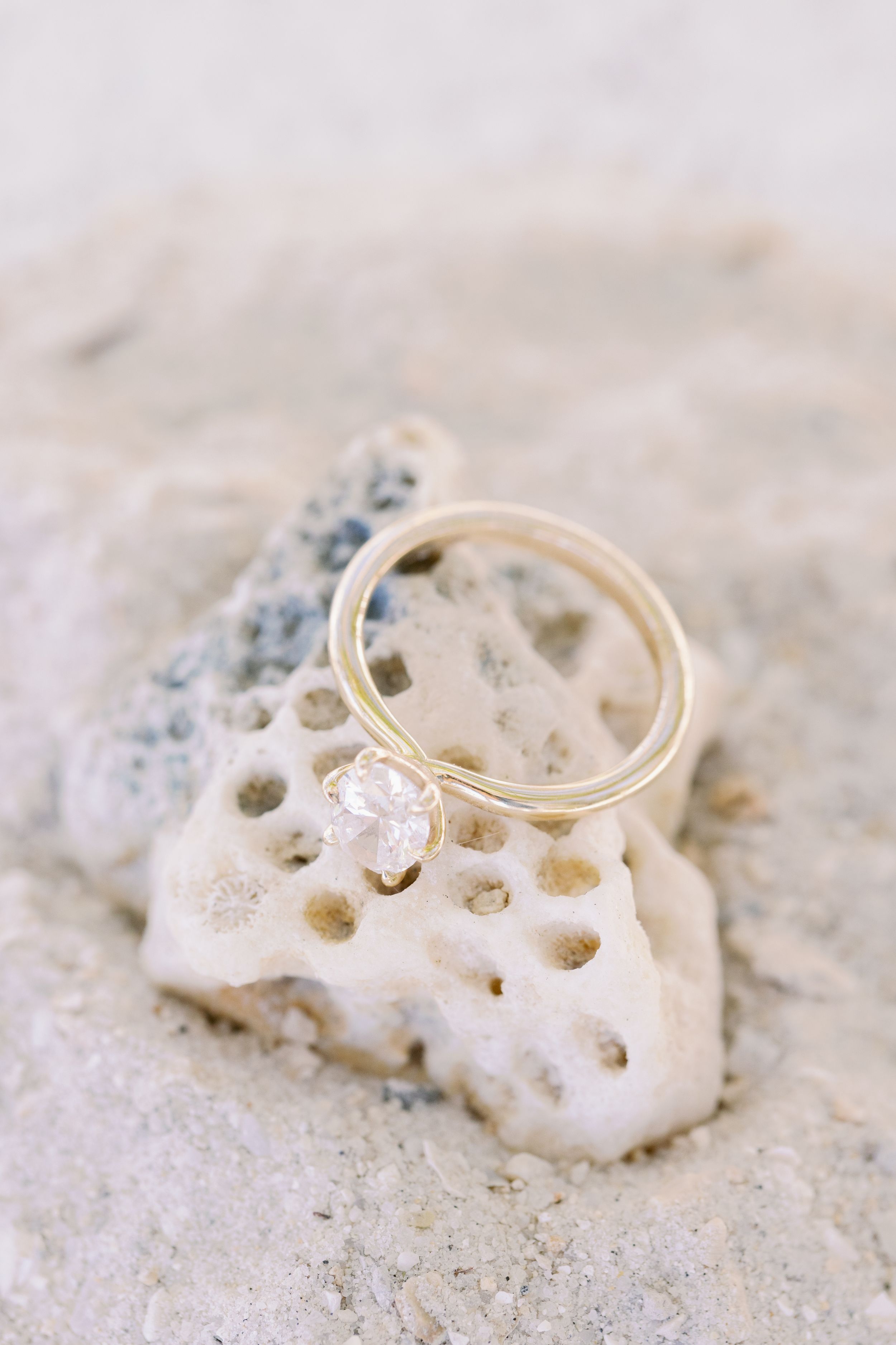 A delicate gold engagement ring with a solitaire diamond rests on a textured white coral piece in natural light.