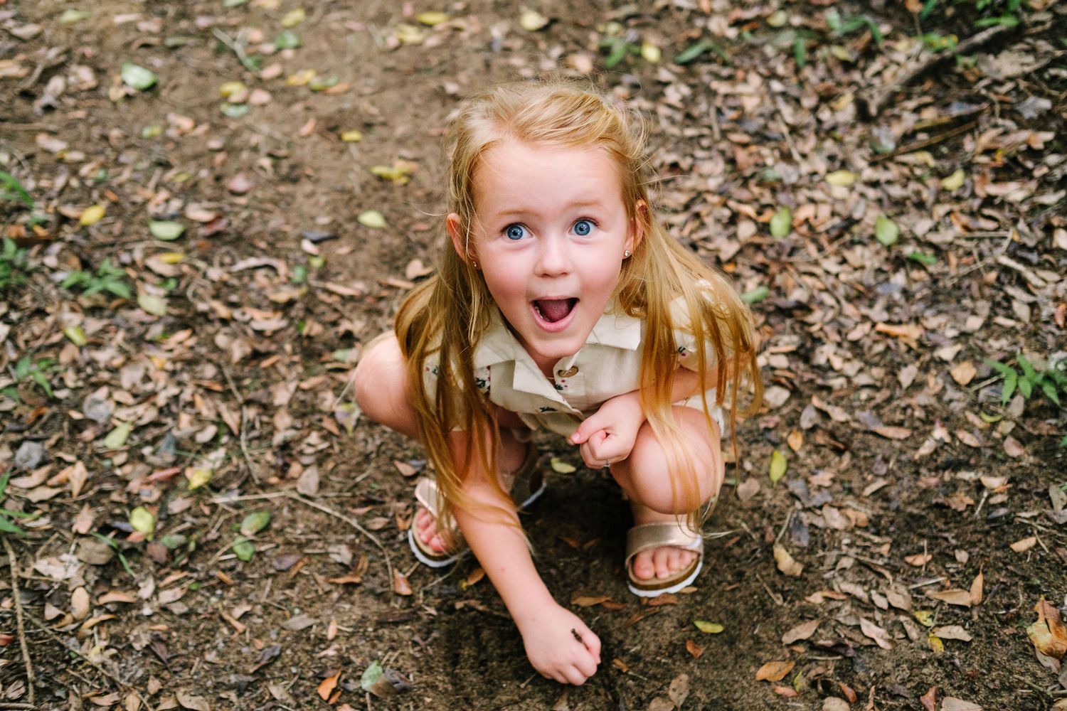 Joyful child photography of a little girl crouching on the forest floor and looking up with delight, photographed by Abigail Smith