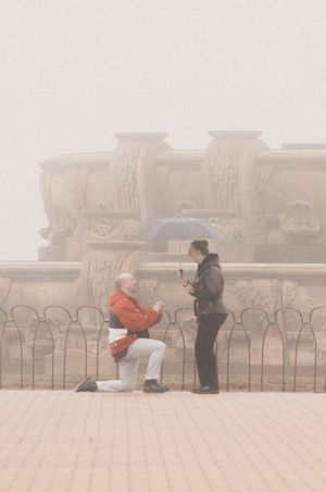 A sequence of photos showing a proposal taking place on a foggy day at a scenic overlook with stone railings.