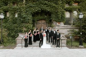 Wedding party in formal attire poses on stone steps with ivy-covered wall behind them.