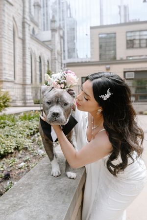 Bride in white gown kisses her dressed-up pit bull dog wearing floral crown outdoors near a church.