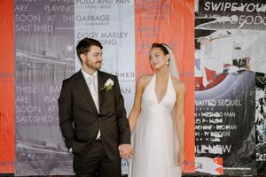 A collage of wedding photos showing couples in formal attire against various backgrounds.