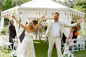 A wedding celebration collage showing joyful moments with couples and guests under a white tent at an outdoor venue.