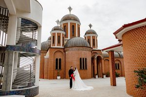 A series of architectural photos showing domed church buildings and towers against a cloudy sky.
