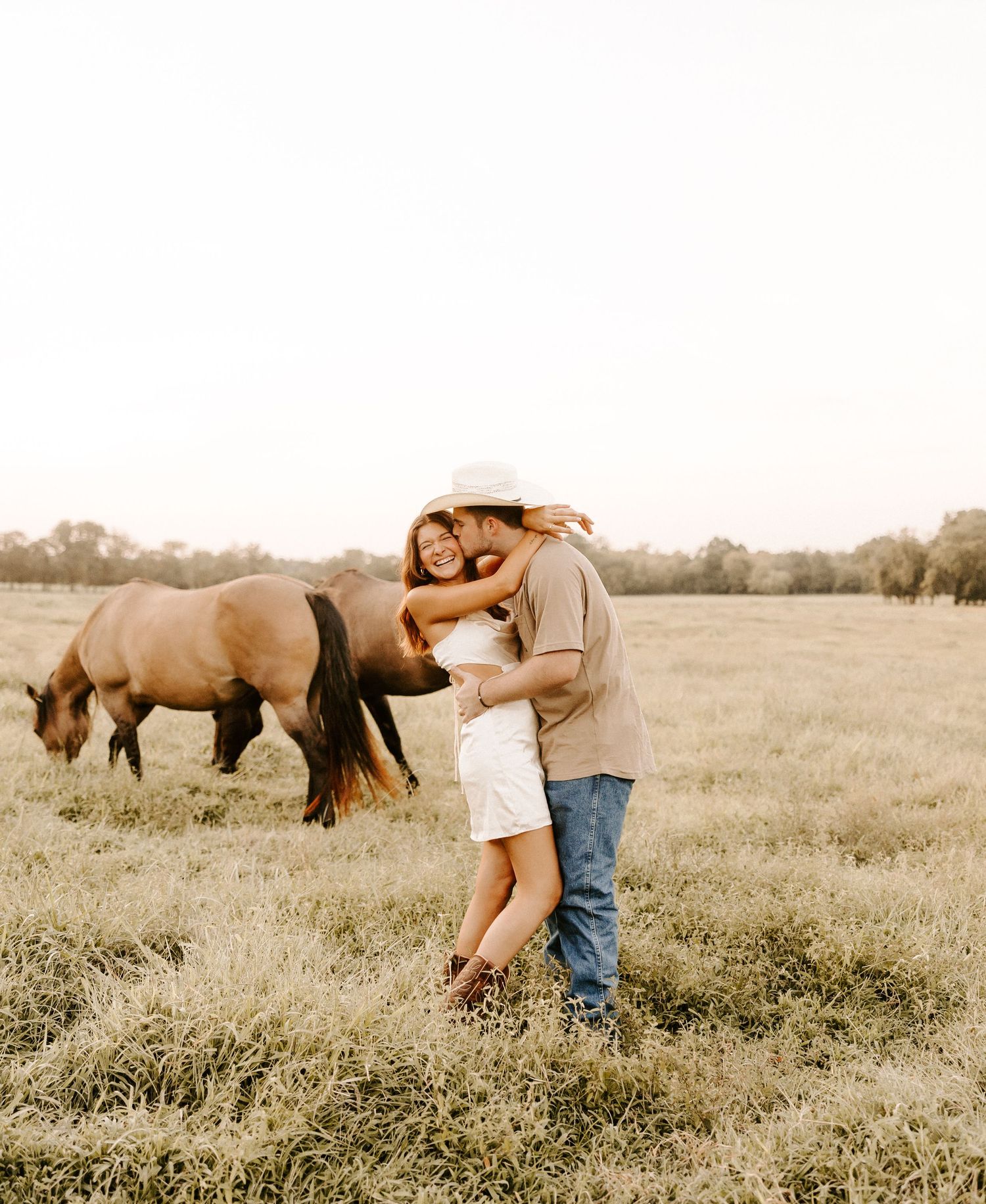 A couple shares a romantic embrace in a golden field with horses grazing in the background in Gallatin, TN.
