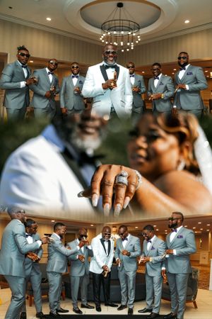 Groomsmen in grey suits and white tuxedo pose for stylish wedding party photos.