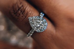 Close-up detail shot of an elegant diamond engagement ring with intricate setting and sparkle.