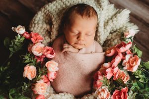 Newborn baby peacefully sleeping surrounded by delicate pink roses and greenery. Annapolis newborn photography studio