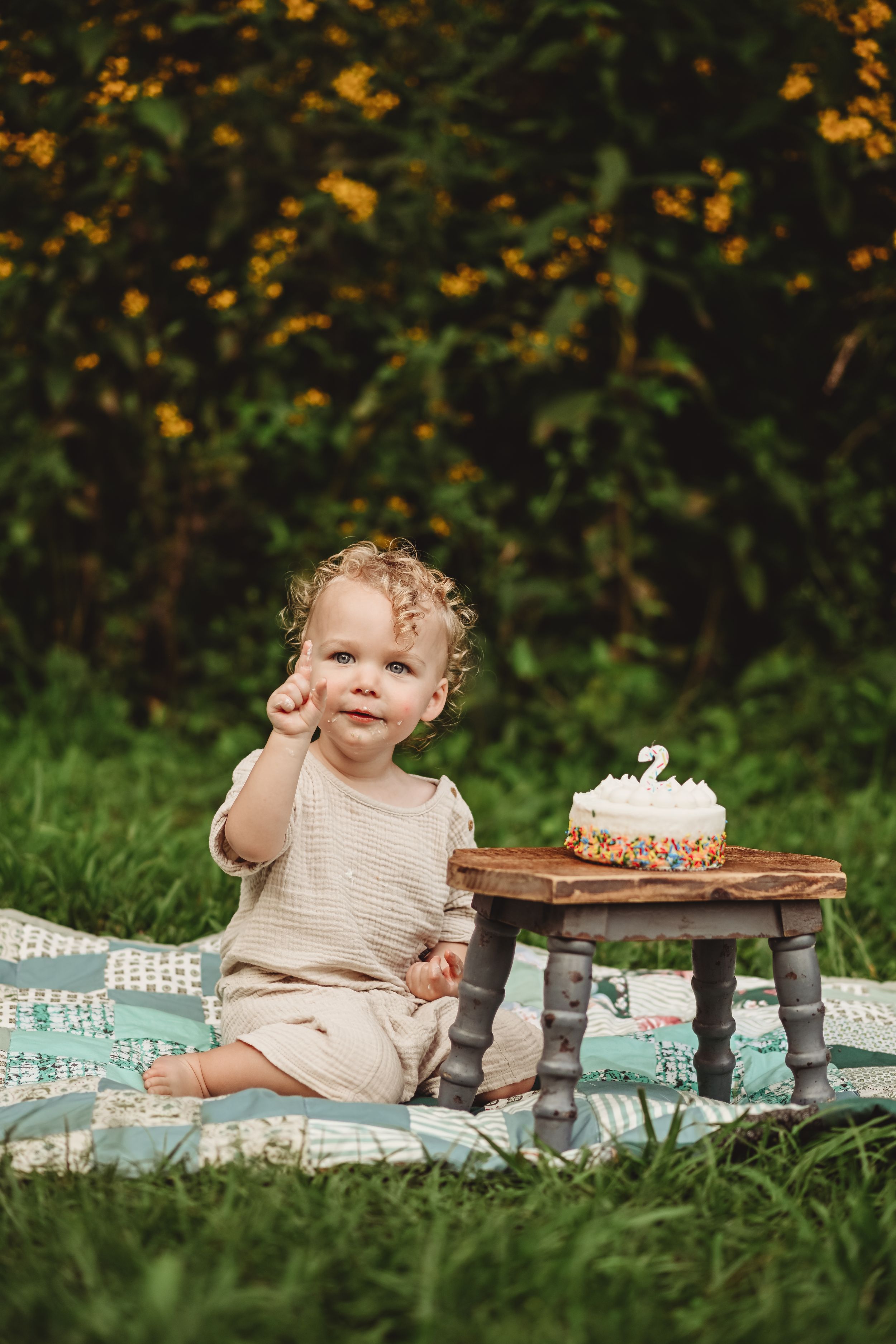 A toddler sits on a picnic blanket next to a small cake on a wooden stand.