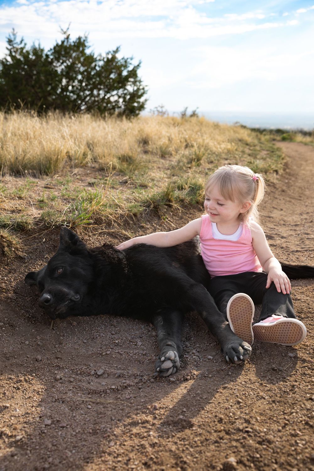 A toddler girl in a pink tank top sits on a dirt path petting a large black dog in a grassy field.