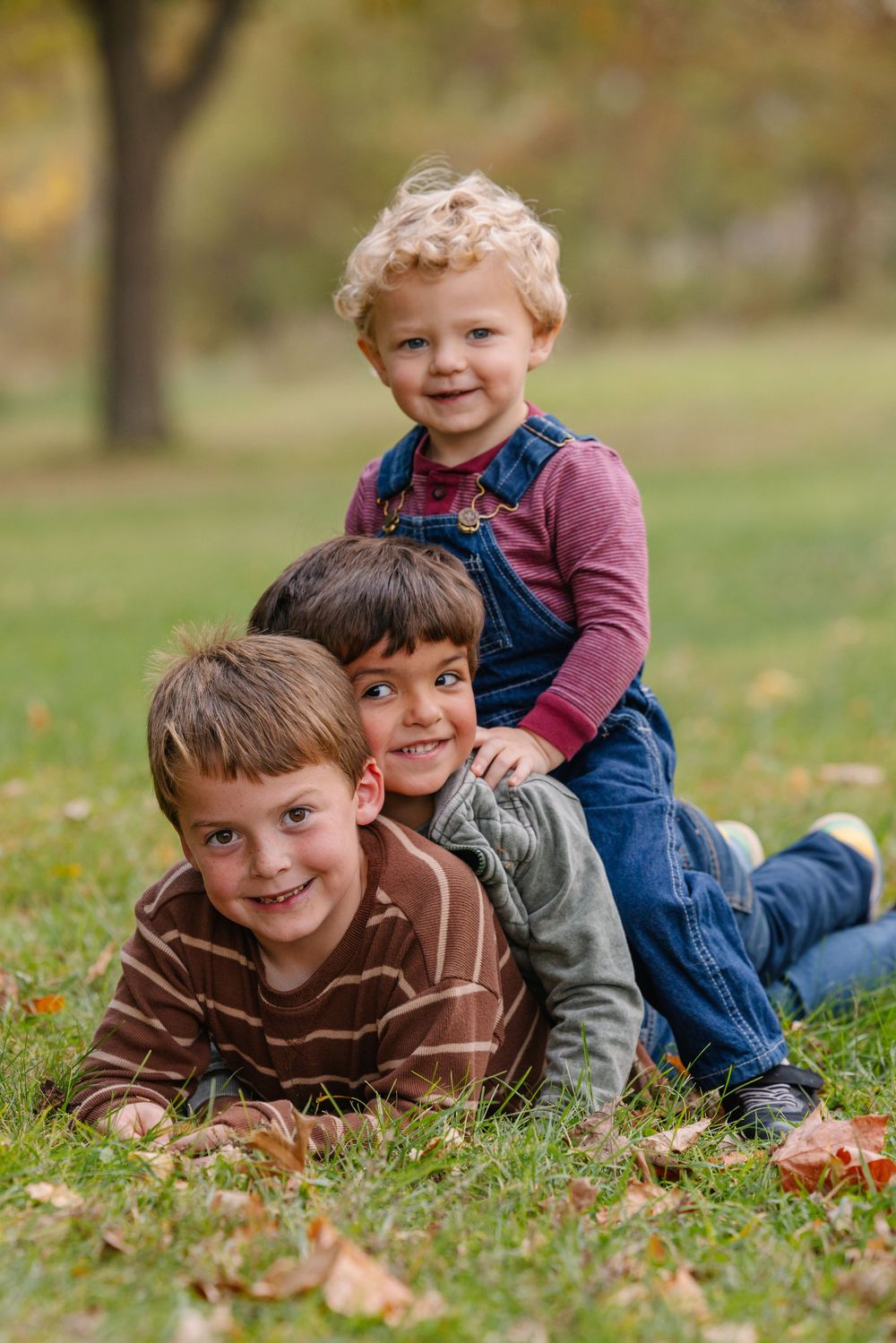 Three young boys playing together on autumn grass in a park, smiling and stacking on each other playfully.