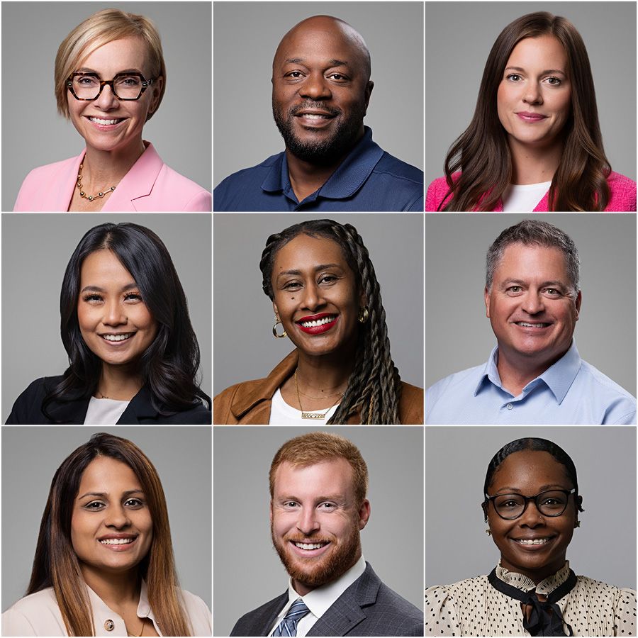 Professional headshot collage showing diverse team members against gray backdrop.