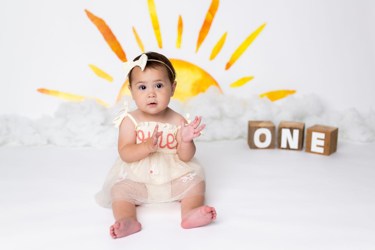 Baby in white dress sitting on white backdrop with wooden 'ONE' blocks and painted yellow sun decoration behind them.