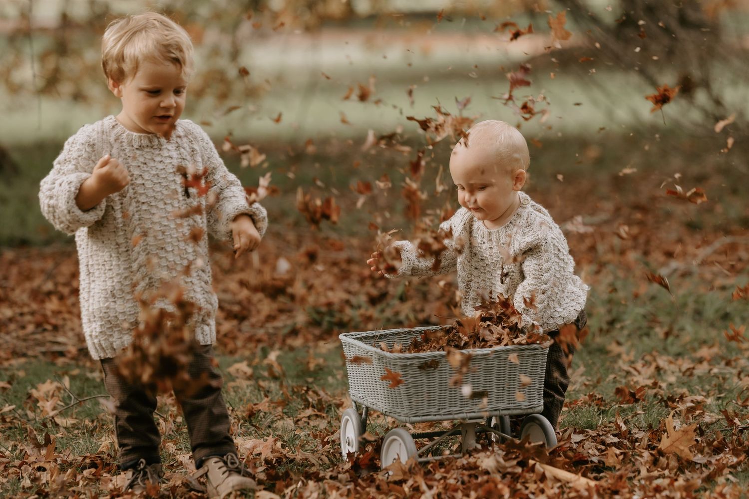Children playing in fallen autumn leaves during a golden hour outdoor photoshoot.