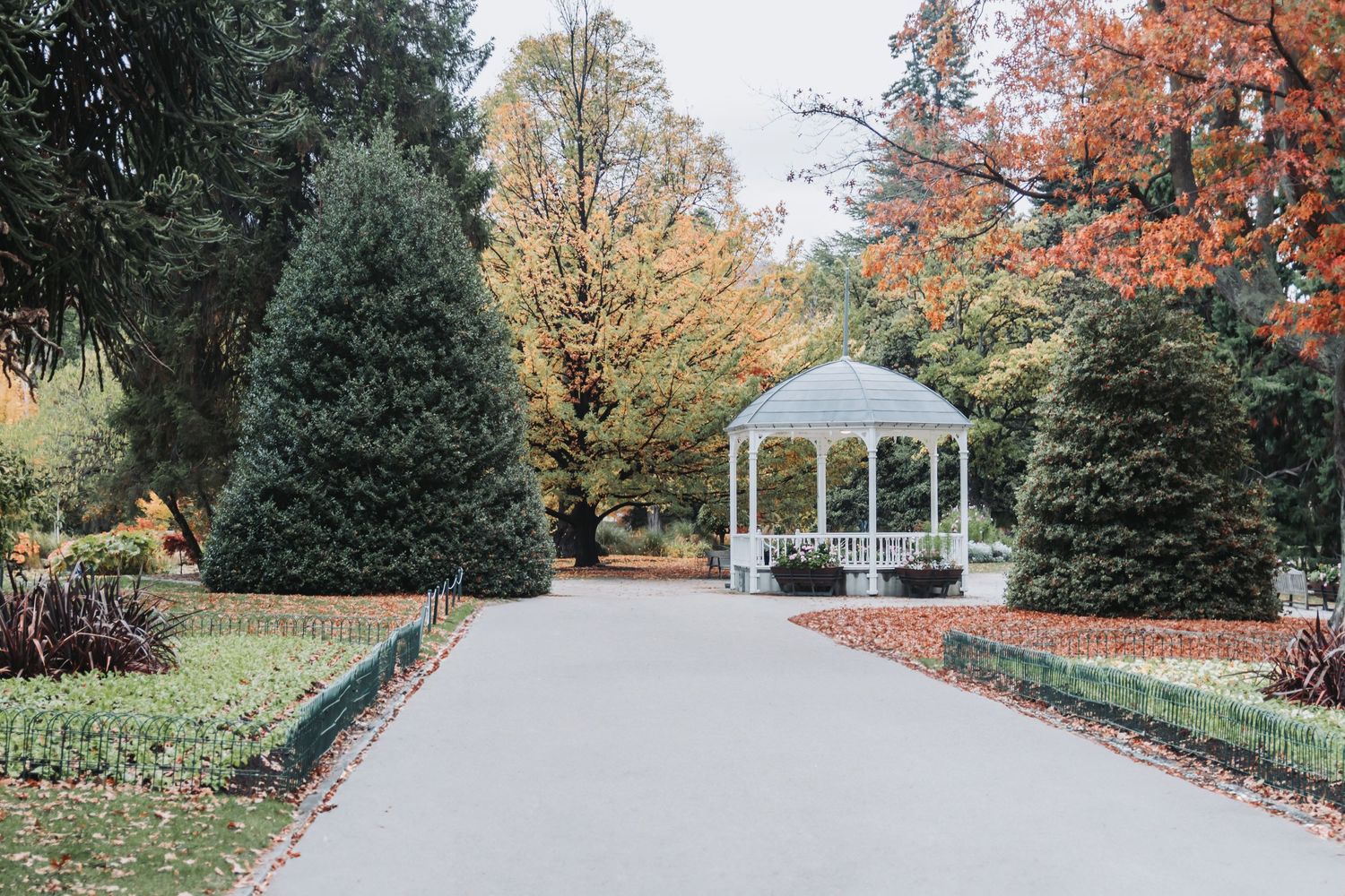 White gazebo surrounded by autumn trees and evergreens in a manicured garden setting.