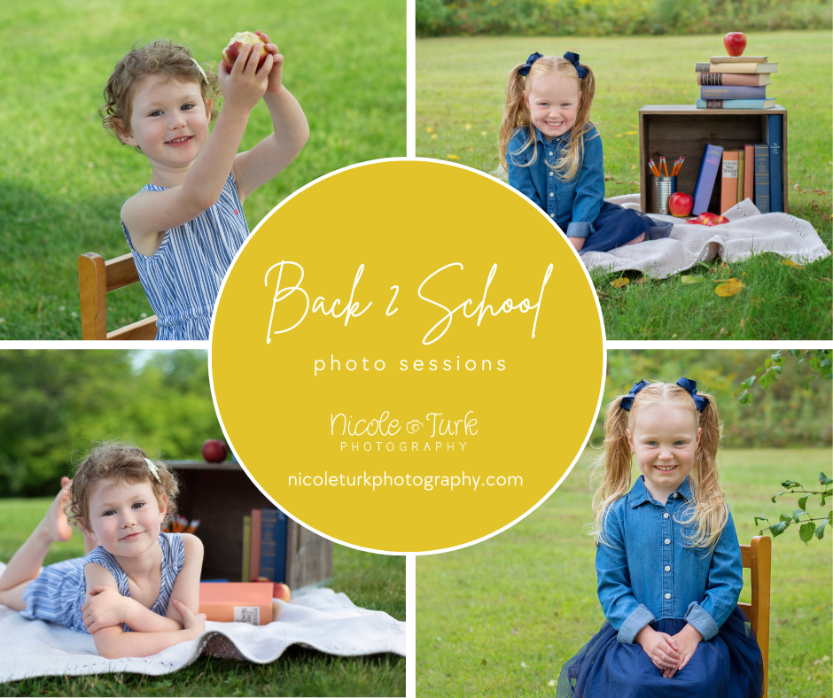 Outdoor back to school photos with little girl, books and apples