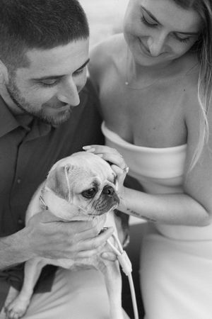 A couple and their dog share a cute moment together on the beach in Malibu California for engagement photos